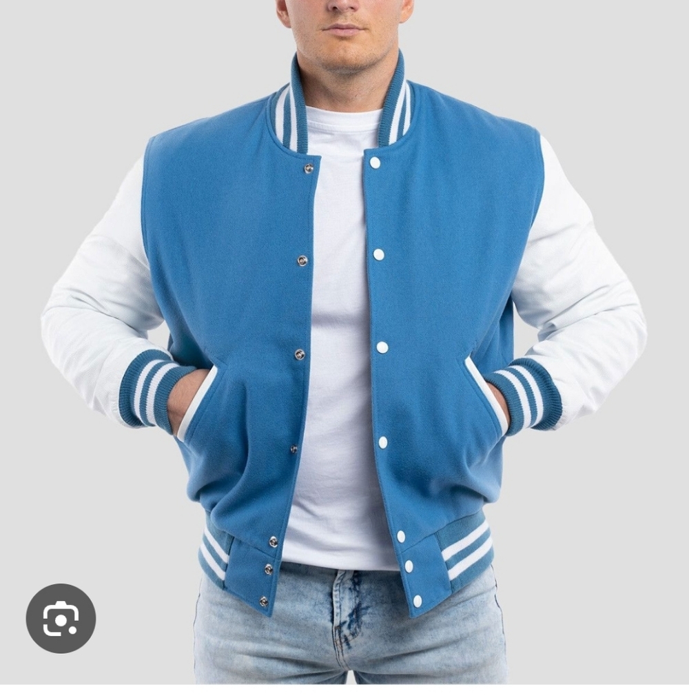 Mens New Varsity Base Lettermans Jacket. Newark Blue And Bright White. Size XS.